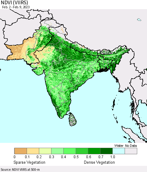 Southern Asia NDVI (VIIRS) Thematic Map For 2/2/2023 - 2/9/2023
