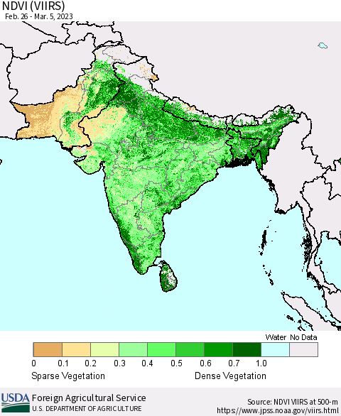 Southern Asia NDVI (VIIRS) Thematic Map For 3/1/2023 - 3/10/2023