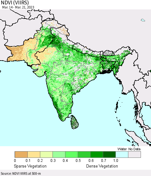 Southern Asia NDVI (VIIRS) Thematic Map For 3/14/2023 - 3/21/2023