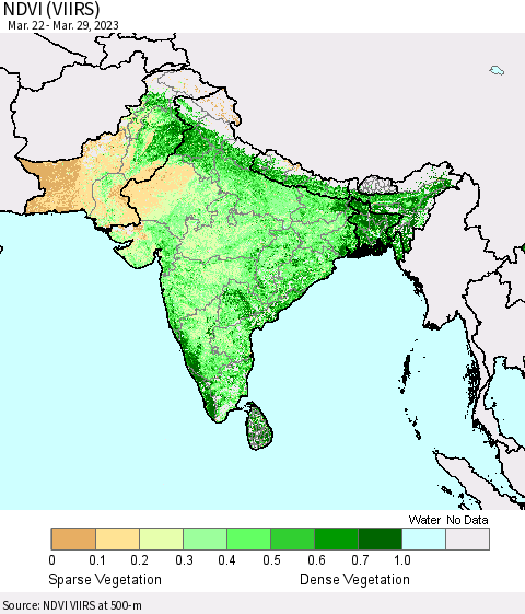Southern Asia NDVI (VIIRS) Thematic Map For 3/22/2023 - 3/29/2023