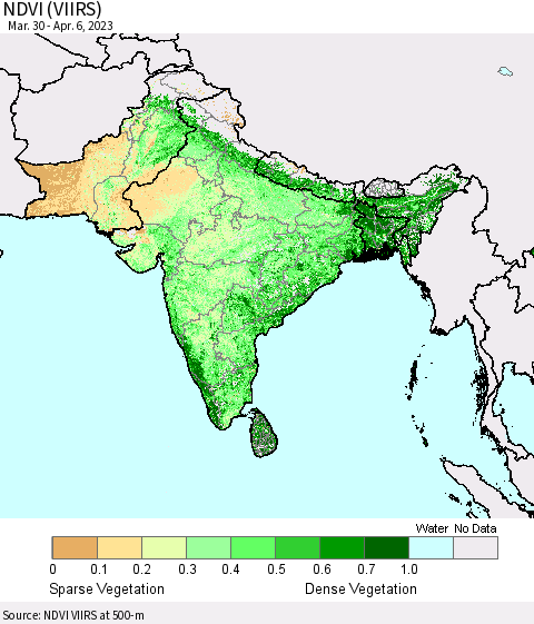 Southern Asia NDVI (VIIRS) Thematic Map For 3/30/2023 - 4/6/2023