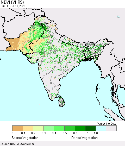 Southern Asia NDVI (VIIRS) Thematic Map For 7/4/2023 - 7/11/2023