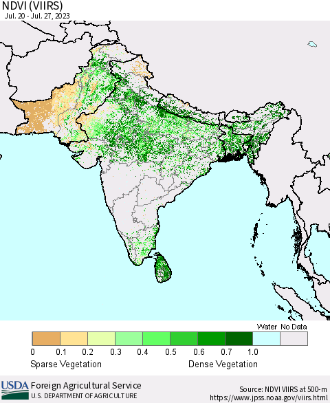 Southern Asia NDVI (VIIRS) Thematic Map For 7/21/2023 - 7/31/2023