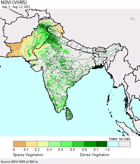 Southern Asia NDVI (VIIRS) Thematic Map For 8/5/2023 - 8/12/2023
