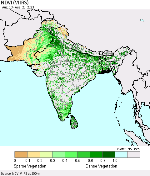 Southern Asia NDVI (VIIRS) Thematic Map For 8/11/2023 - 8/20/2023