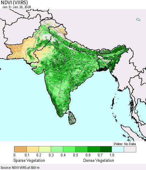 Southern Asia NDVI (VIIRS) Thematic Map For 1/9/2024 - 1/16/2024