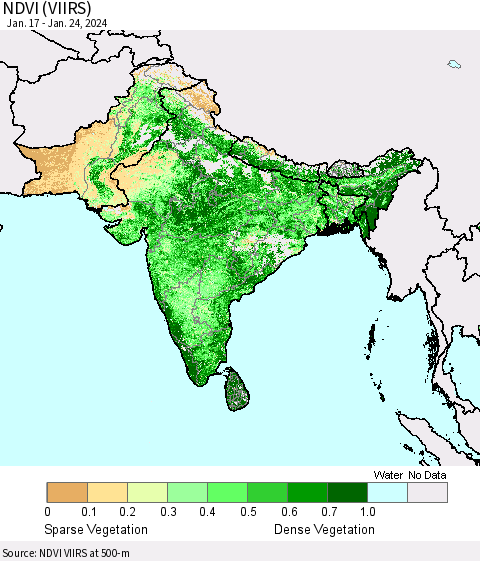 Southern Asia NDVI (VIIRS) Thematic Map For 1/17/2024 - 1/24/2024
