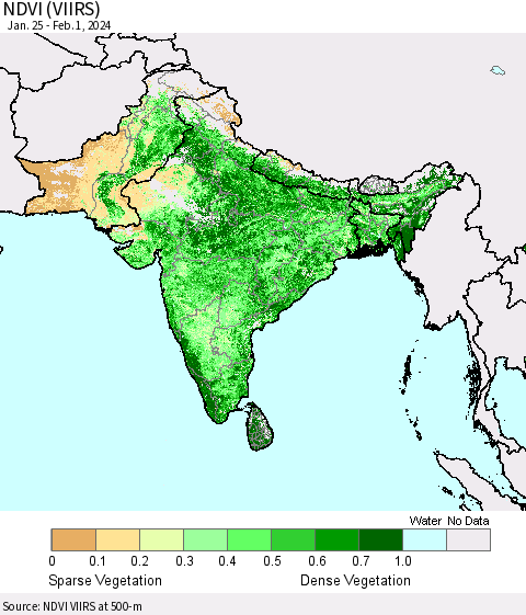 Southern Asia NDVI (VIIRS) Thematic Map For 1/25/2024 - 2/1/2024