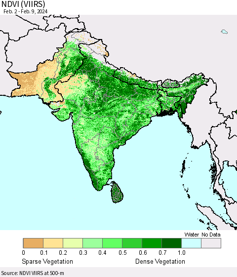 Southern Asia NDVI (VIIRS) Thematic Map For 2/2/2024 - 2/9/2024