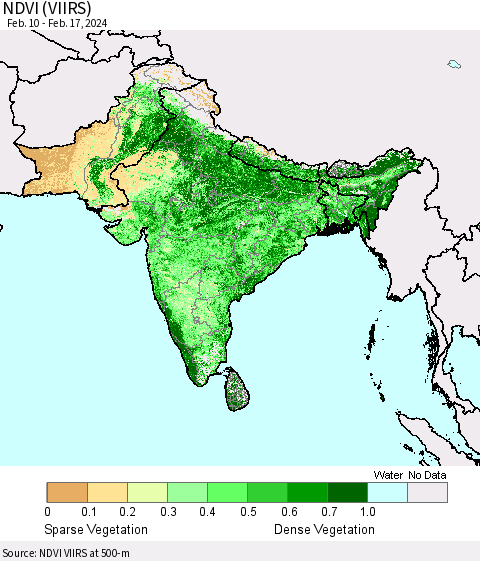 Southern Asia NDVI (VIIRS) Thematic Map For 2/10/2024 - 2/17/2024