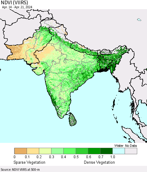 Southern Asia NDVI (VIIRS) Thematic Map For 4/14/2024 - 4/21/2024