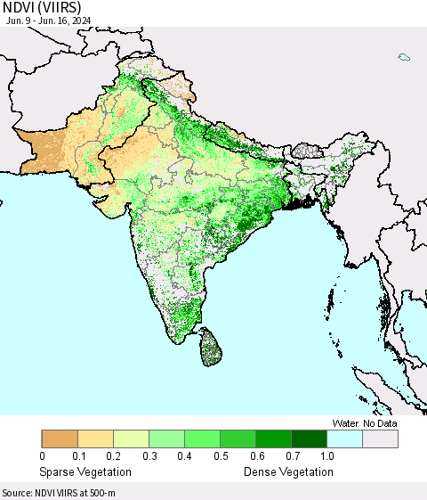 Southern Asia NDVI (VIIRS) Thematic Map For 6/9/2024 - 6/16/2024