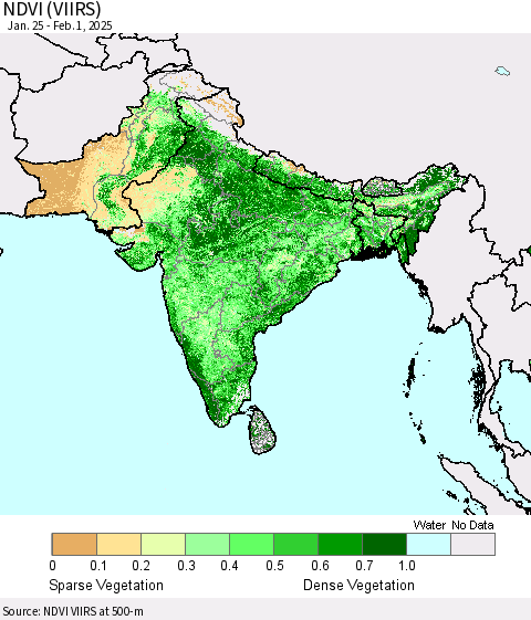 Southern Asia NDVI (VIIRS) Thematic Map For 1/25/2025 - 2/1/2025