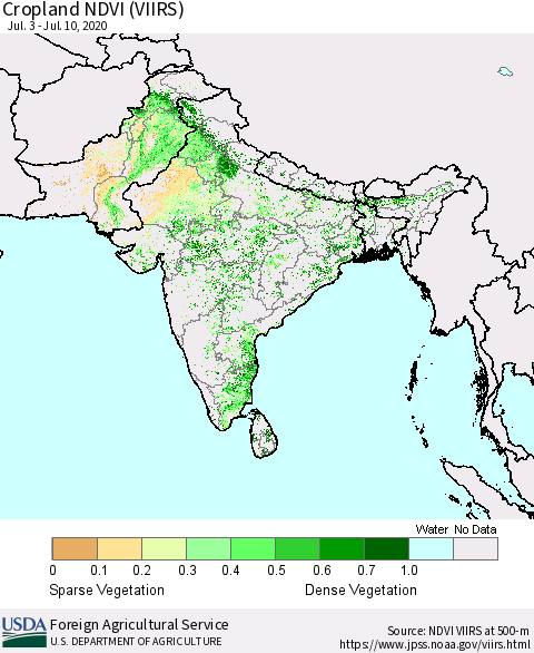 Southern Asia Cropland NDVI (VIIRS) Thematic Map For 7/1/2020 - 7/10/2020