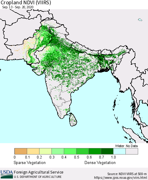 Southern Asia Cropland NDVI (VIIRS) Thematic Map For 9/11/2020 - 9/20/2020