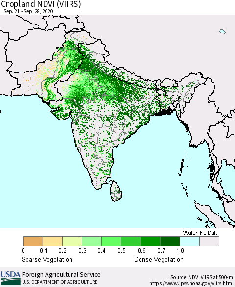 Southern Asia Cropland NDVI (VIIRS) Thematic Map For 9/21/2020 - 9/30/2020