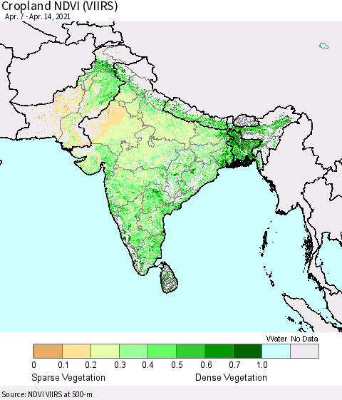 Southern Asia Cropland NDVI (VIIRS) Thematic Map For 4/7/2021 - 4/14/2021
