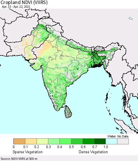 Southern Asia Cropland NDVI (VIIRS) Thematic Map For 4/15/2021 - 4/22/2021
