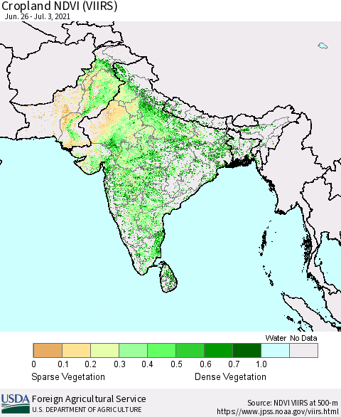 Southern Asia Cropland NDVI (VIIRS) Thematic Map For 7/1/2021 - 7/10/2021
