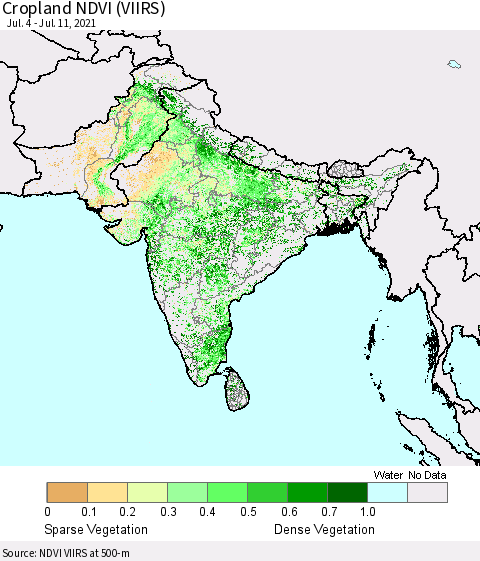 Southern Asia Cropland NDVI (VIIRS) Thematic Map For 7/4/2021 - 7/11/2021