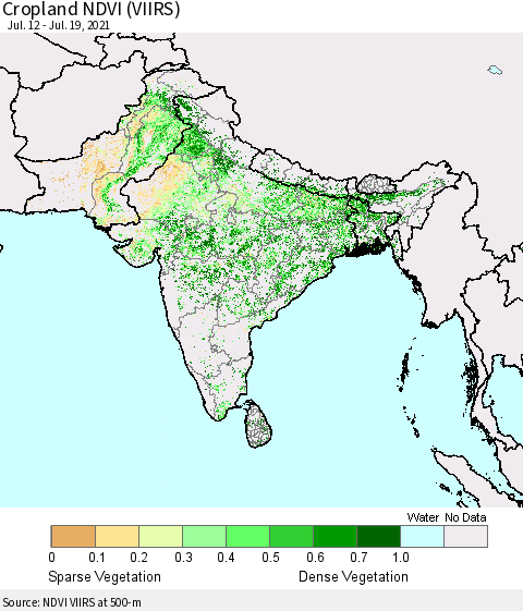 Southern Asia Cropland NDVI (VIIRS) Thematic Map For 7/12/2021 - 7/19/2021