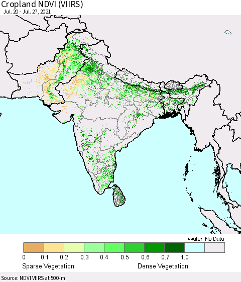 Southern Asia Cropland NDVI (VIIRS) Thematic Map For 7/20/2021 - 7/27/2021