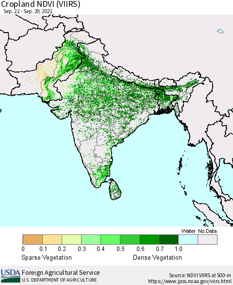 Southern Asia Cropland NDVI (VIIRS) Thematic Map For 9/21/2021 - 9/30/2021