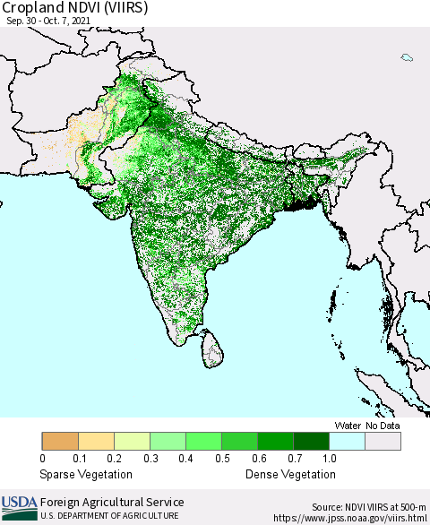 Southern Asia Cropland NDVI (VIIRS) Thematic Map For 10/1/2021 - 10/10/2021