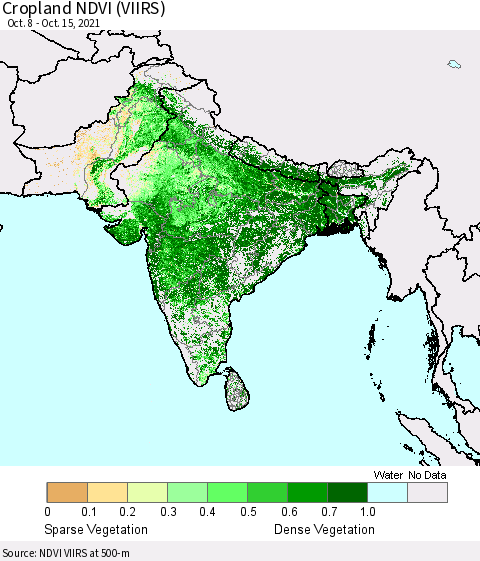 Southern Asia Cropland NDVI (VIIRS) Thematic Map For 10/8/2021 - 10/15/2021