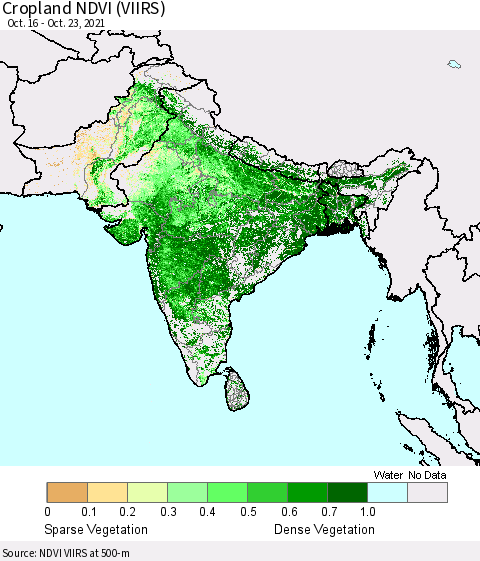 Southern Asia Cropland NDVI (VIIRS) Thematic Map For 10/16/2021 - 10/23/2021