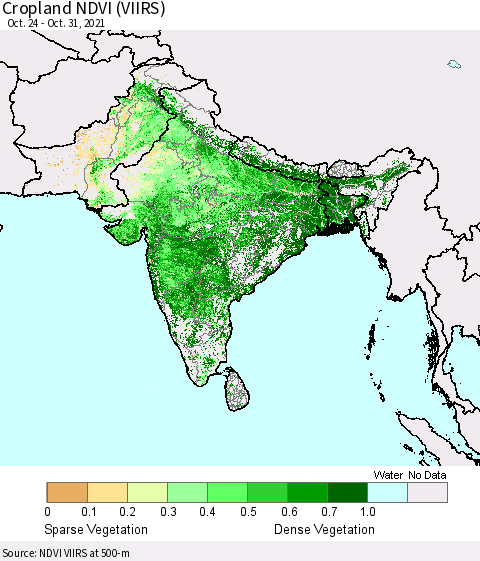 Southern Asia Cropland NDVI (VIIRS) Thematic Map For 10/21/2021 - 10/31/2021