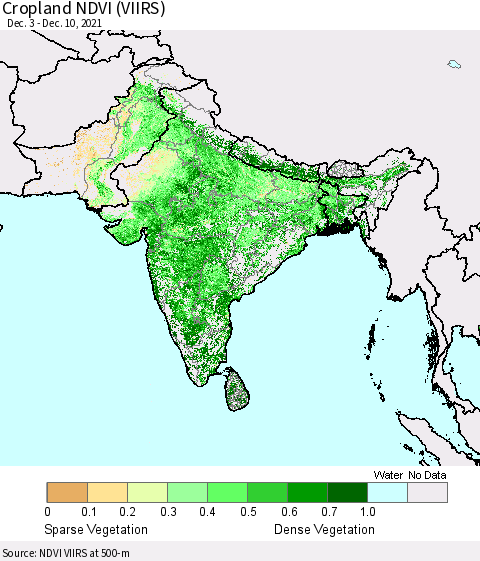 Southern Asia Cropland NDVI (VIIRS) Thematic Map For 12/1/2021 - 12/10/2021