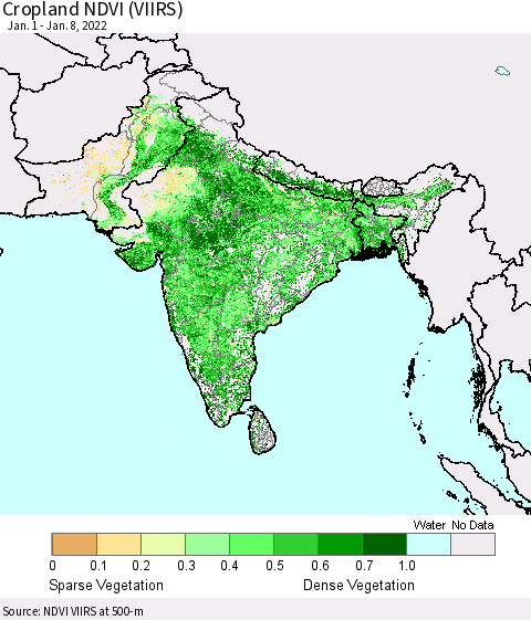 Southern Asia Cropland NDVI (VIIRS) Thematic Map For 1/1/2022 - 1/8/2022