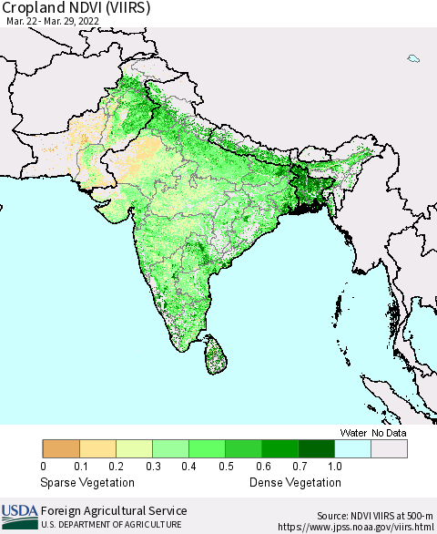 Southern Asia Cropland NDVI (VIIRS) Thematic Map For 3/21/2022 - 3/31/2022