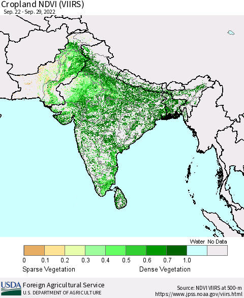 Southern Asia Cropland NDVI (VIIRS) Thematic Map For 9/21/2022 - 9/30/2022