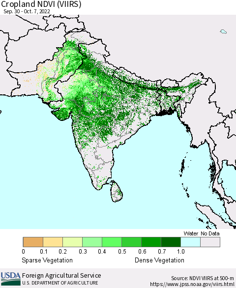 Southern Asia Cropland NDVI (VIIRS) Thematic Map For 10/1/2022 - 10/10/2022