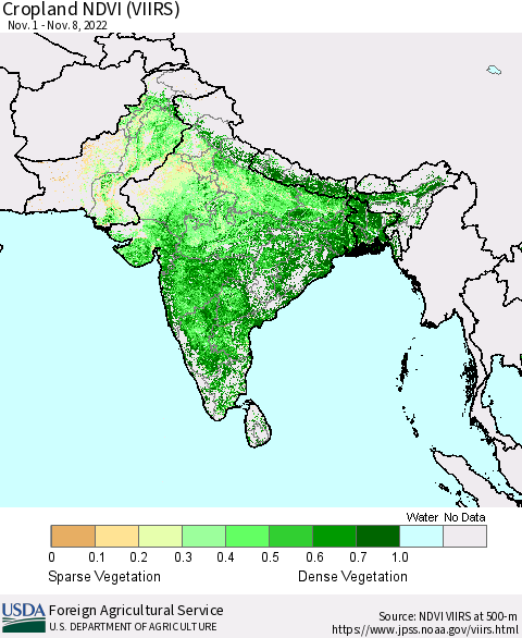 Southern Asia Cropland NDVI (VIIRS) Thematic Map For 11/1/2022 - 11/10/2022