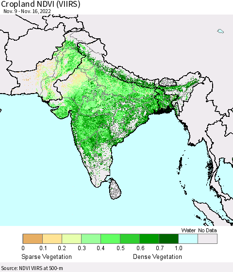 Southern Asia Cropland NDVI (VIIRS) Thematic Map For 11/9/2022 - 11/16/2022