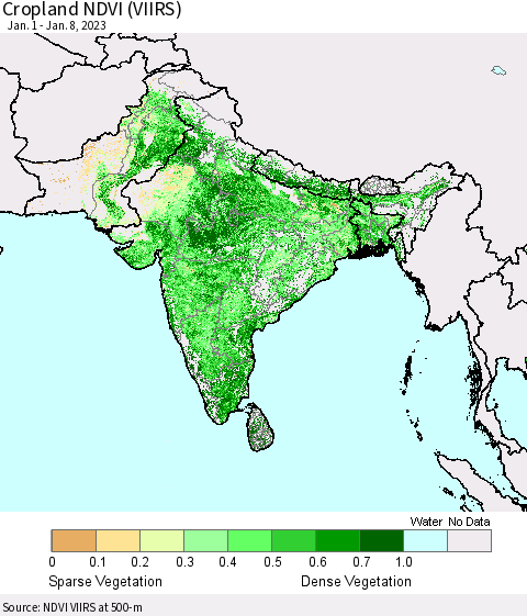 Southern Asia Cropland NDVI (VIIRS) Thematic Map For 1/1/2023 - 1/8/2023
