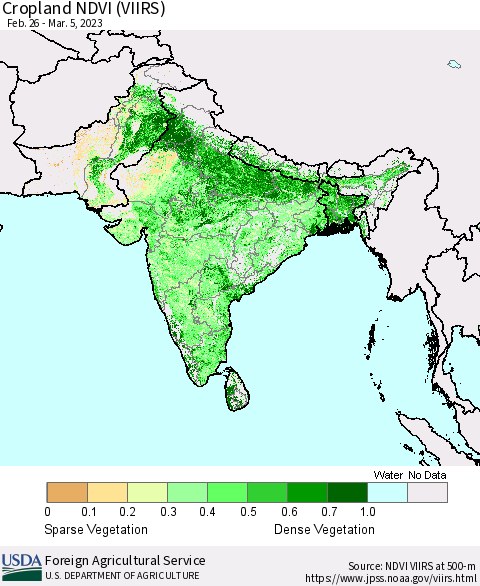 Southern Asia Cropland NDVI (VIIRS) Thematic Map For 3/1/2023 - 3/10/2023