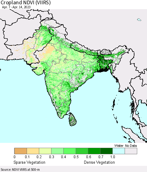 Southern Asia Cropland NDVI (VIIRS) Thematic Map For 4/7/2023 - 4/14/2023