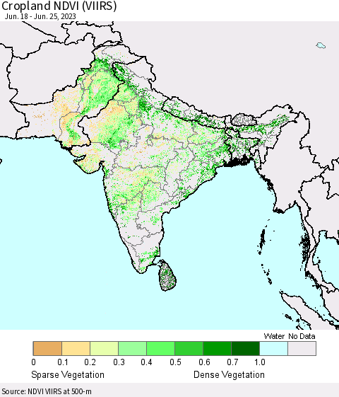 Southern Asia Cropland NDVI (VIIRS) Thematic Map For 6/18/2023 - 6/25/2023