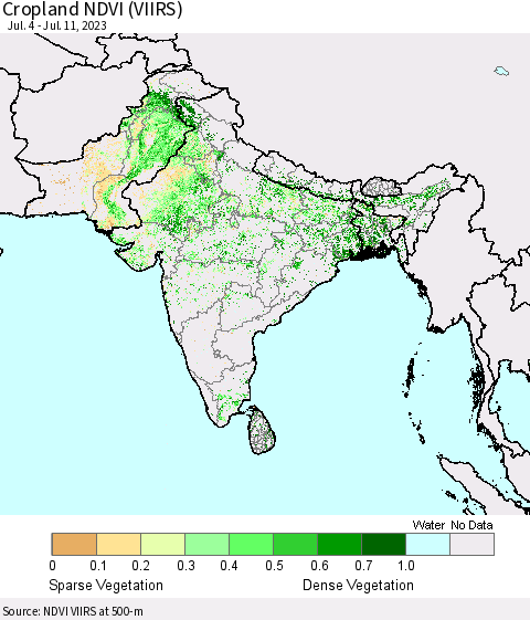 Southern Asia Cropland NDVI (VIIRS) Thematic Map For 7/4/2023 - 7/11/2023