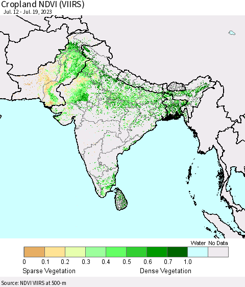 Southern Asia Cropland NDVI (VIIRS) Thematic Map For 7/12/2023 - 7/19/2023