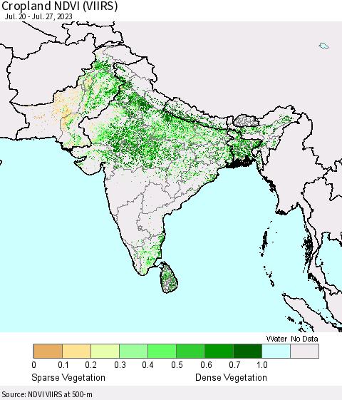Southern Asia Cropland NDVI (VIIRS) Thematic Map For 7/20/2023 - 7/27/2023
