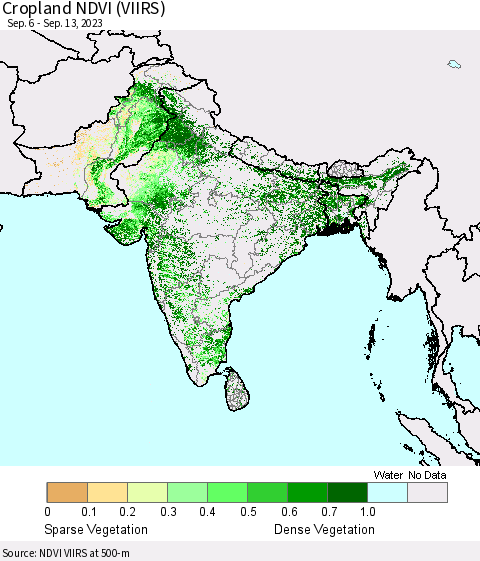 Southern Asia Cropland NDVI (VIIRS) Thematic Map For 9/6/2023 - 9/13/2023