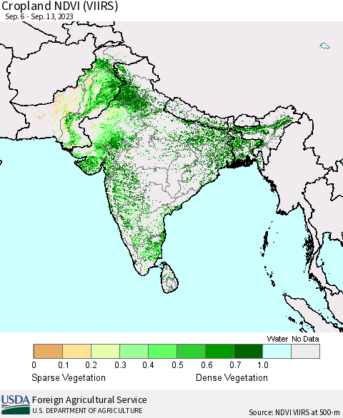 Southern Asia Cropland NDVI (VIIRS) Thematic Map For 9/11/2023 - 9/20/2023