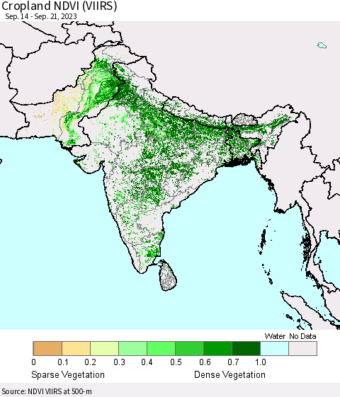 Southern Asia Cropland NDVI (VIIRS) Thematic Map For 9/14/2023 - 9/21/2023