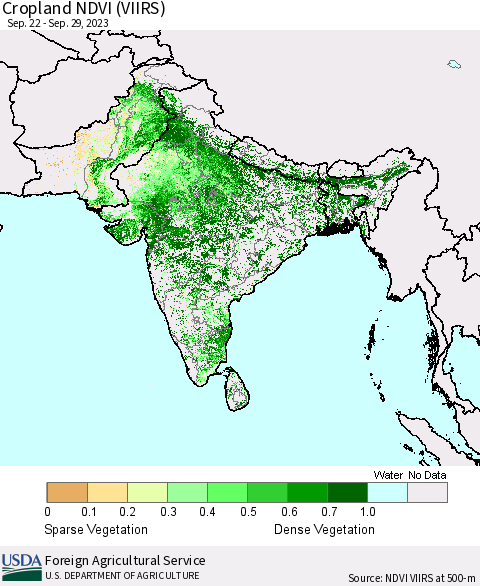 Southern Asia Cropland NDVI (VIIRS) Thematic Map For 9/21/2023 - 9/30/2023