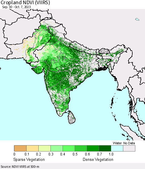 Southern Asia Cropland NDVI (VIIRS) Thematic Map For 9/30/2023 - 10/7/2023